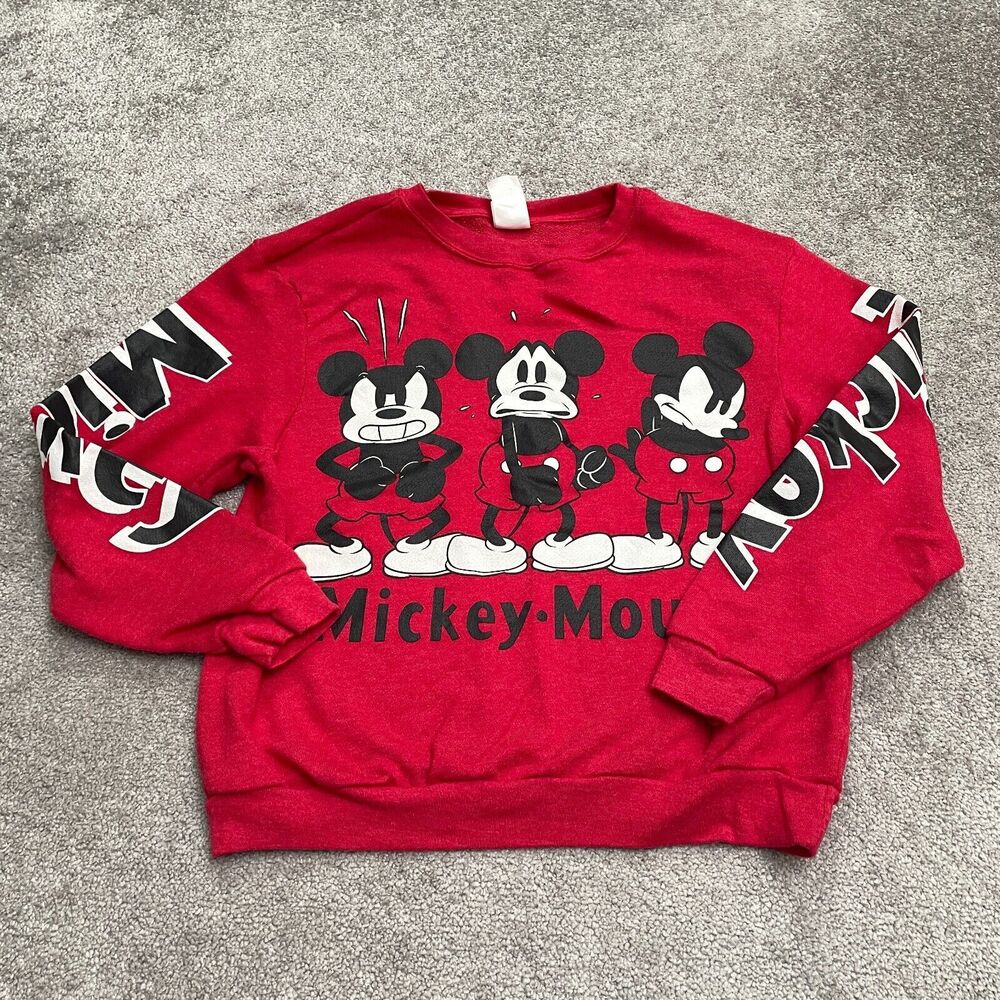 Disney Mickey Mouse Pullover Sweatshirt Juniors Large Red Crew Neck Cartoon